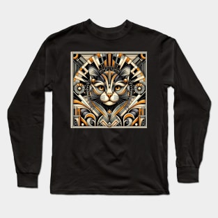 Art Deco Inspired Geometric Cat Portrait - Modern Feline Elegance Artwork Long Sleeve T-Shirt